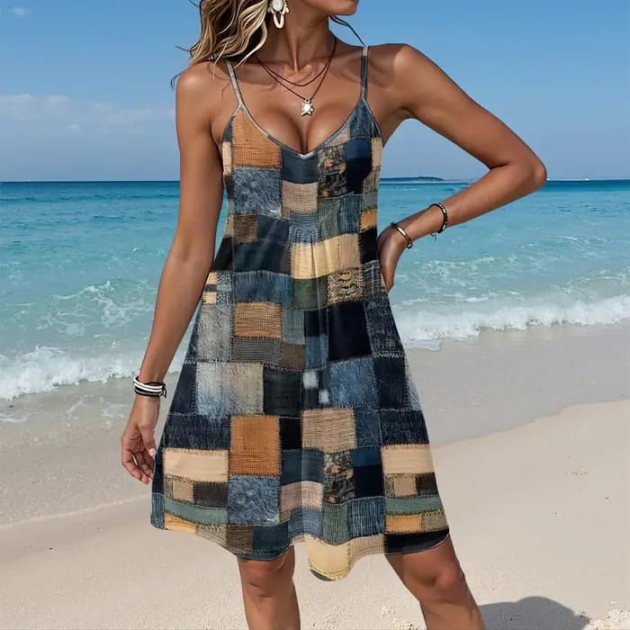 Robe à bretelles spaghetti à imprimé géométrique vintage pour femmes