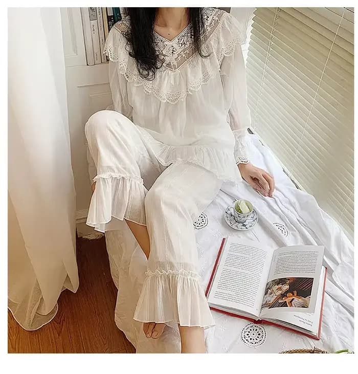 Ensembles de pyjama à col en V princesse Lolita pour femmes