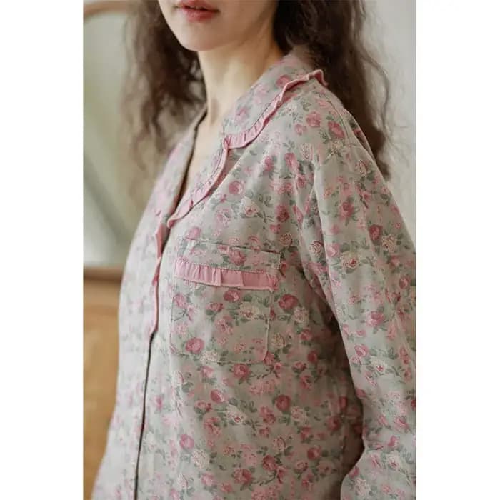 Cottagecore ensemble pyjama à fleurs pour femmes Vintage garniture à volants 100% coton doux à manches longues vêtements de nuit romantique douce princesse
