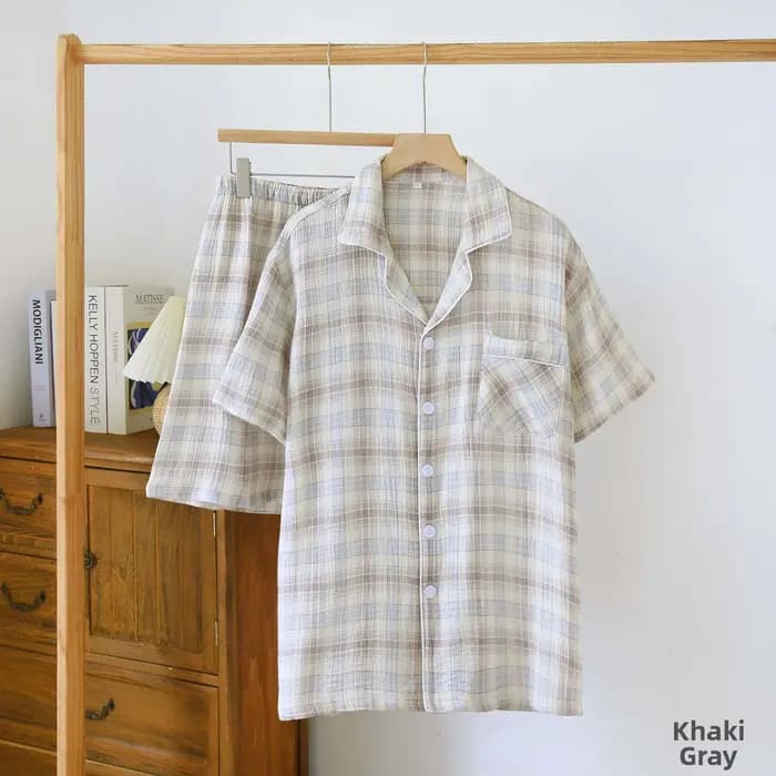Ensemble pyjama 2 pièces pour homme - Vêtements de nuit à carreaux japonais, manches courtes et shor