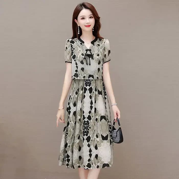 Robe midi élégante à imprimé perlé et boutonnée, effet deux pièces, pour femme, nouvelle collection été, ample, polyvalente, en mousseline, style vintage