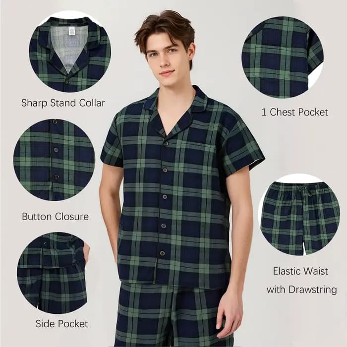 Ensemble de pyjama pour homme pour l'été, chemises à manches courtes boutonnées, shorts, ensemble de pyjama à carreaux, ensemble de détente doux, vêtements de nuit, tailles M-XL
