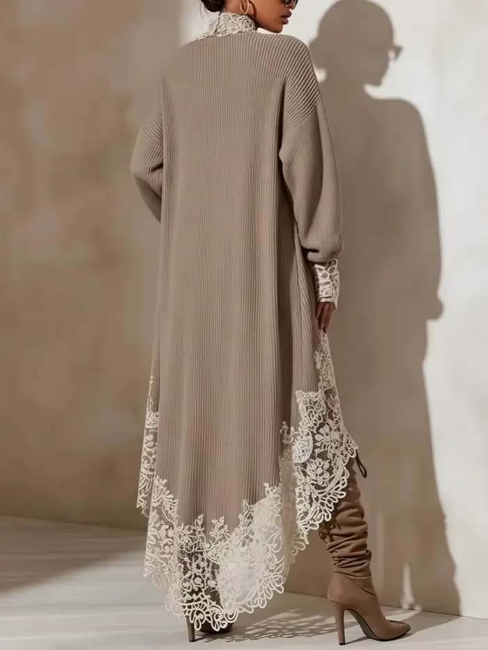 Robe pull en maille kaki pour femme avec dentelle