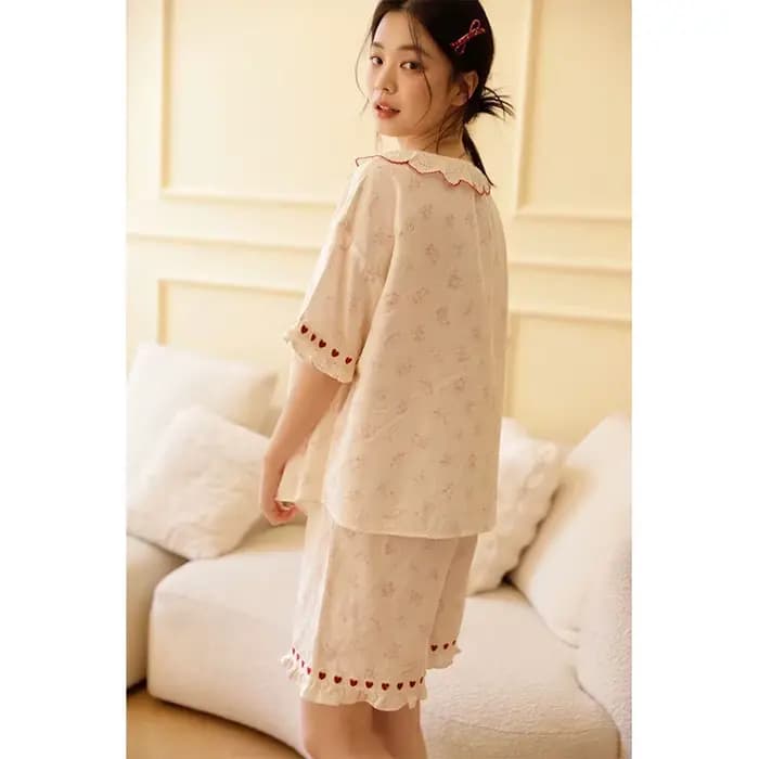 Adorable ensemble de pyjama orné de cœurs rouges | Gaze 100% coton pour femmes