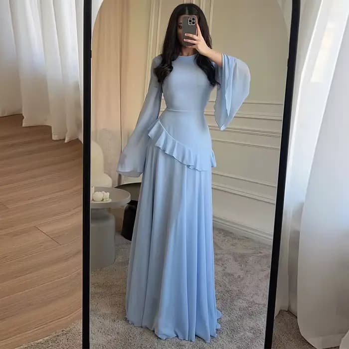 Robe longue à volants pour femmes, manches évasées, couleur unie, col rond, taille haute, Slim, plis