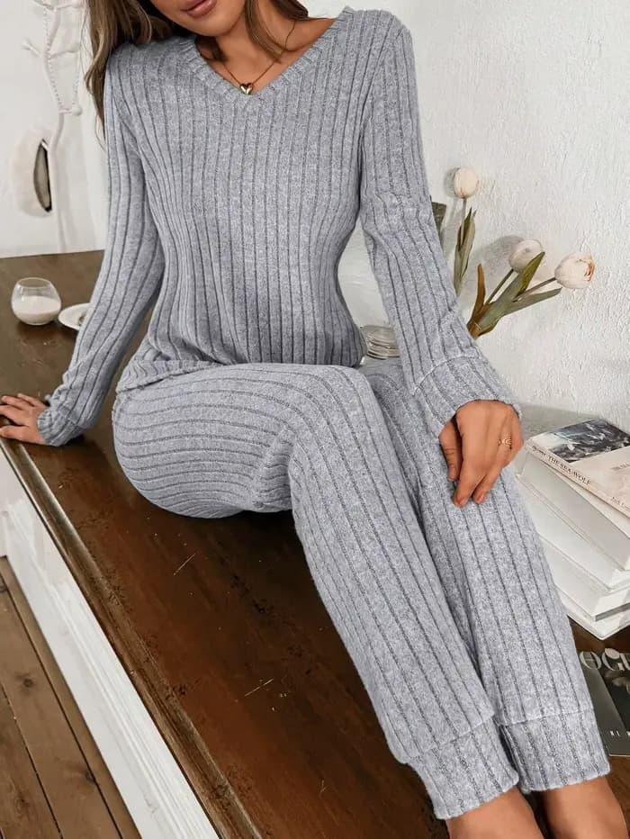 Ensemble pyjama côtelé 2 pièces pour femme - Haut à manches longues et col en V et pantalon de jogging