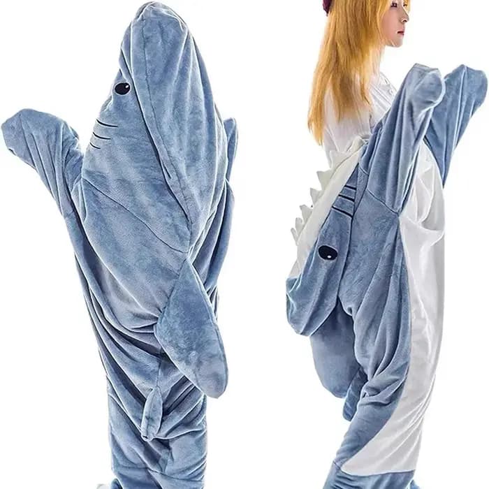 Couverture-cagoule portable Requin pour adulte, pyjama en flanelle, sac de couchage en polaire douce