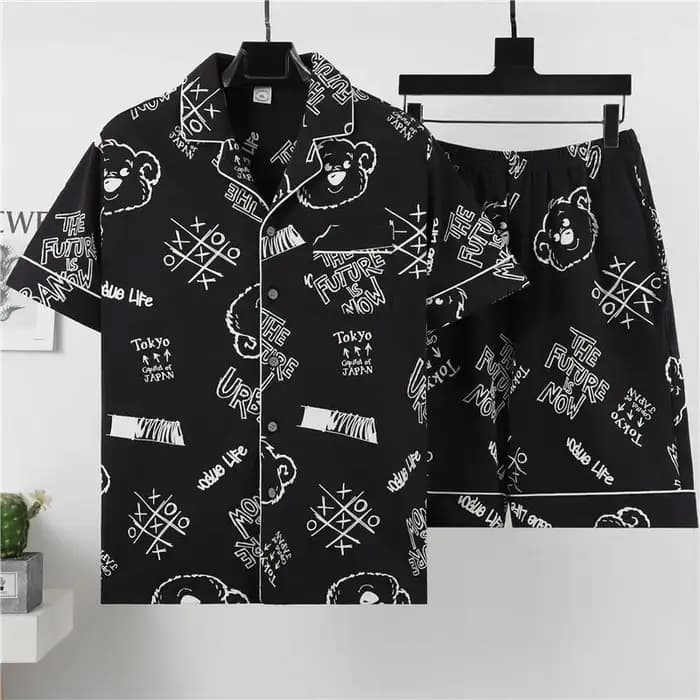 Ensemble pyjama 2 pièces pour homme Anime Gengar, chemise à manches courtes boutonnée à imprimé dessin animé + short, vêtements de détente doux, vêtements de nuit tendance pour l'été
