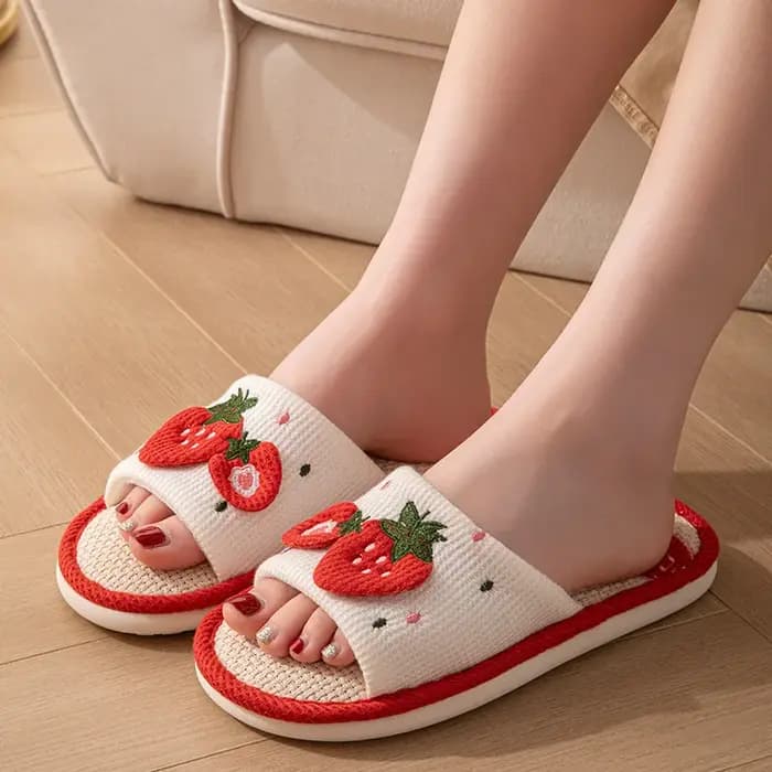 Pantoufles d'intérieur en lin à motif fraise pour femmes et filles, à bout ouvert, de créateur, d'été, antidérapantes, douces, silencieuses, unisexes et respirantes
