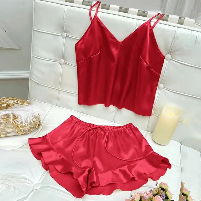 Ensemble pyjama en Satin uni, col en V, haut caraco, short à volants, vêtements de nuit pour femmes, vêtements de détente