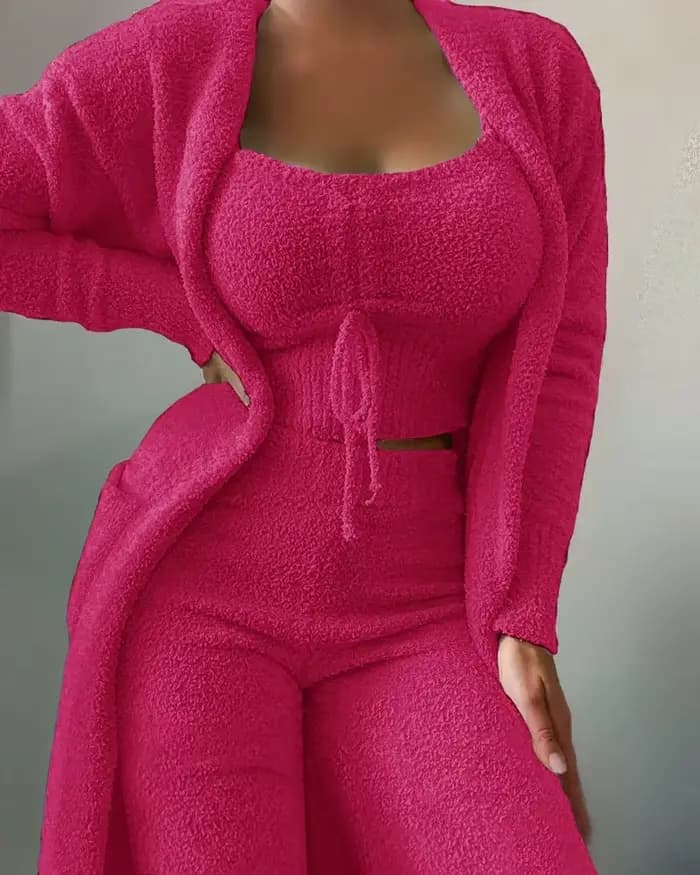 Ensemble trois pièces pyjama en peluche pour femmes