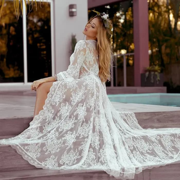 Peignoir Long en Dentelle Transparente pour Femme