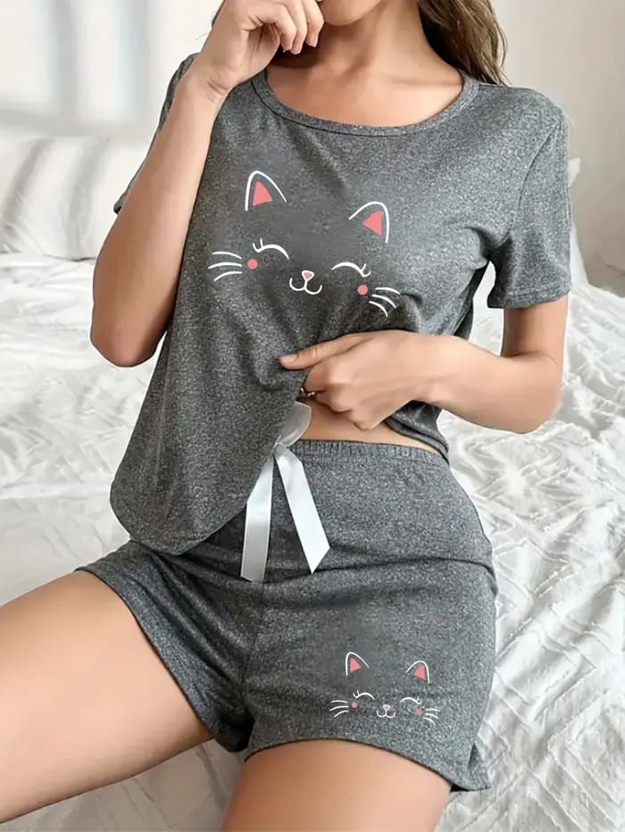 Ensemble pyjama imprimé chat de dessin animé pour femme