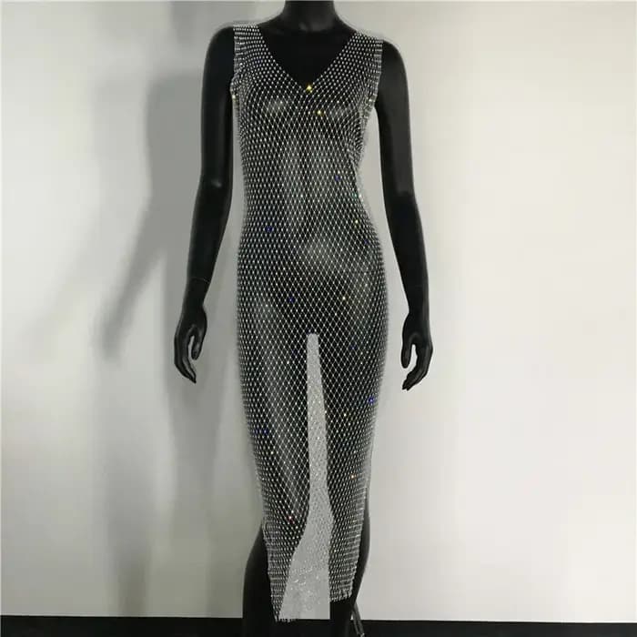 Robe transparente Sexy avec strass brillants, col en V, ajouré, grille en résille, fente latérale, r