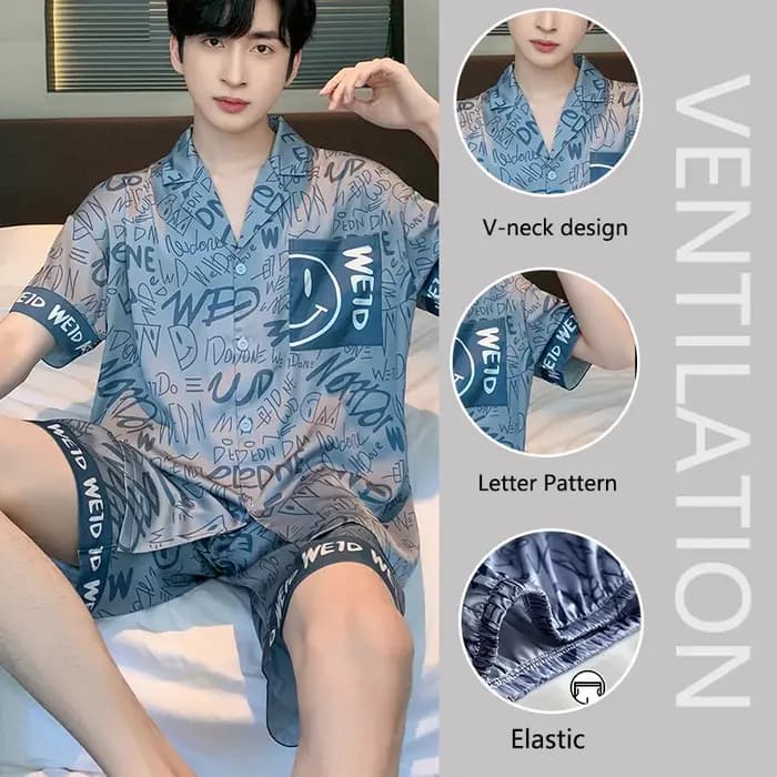Ensemble pyjama grande taille pour hommes, en soie glacée, ours de dessin animé, manches courtes, Cardigan deux pièces pour étudiant, revers, lettres Smiley, Code 3xl