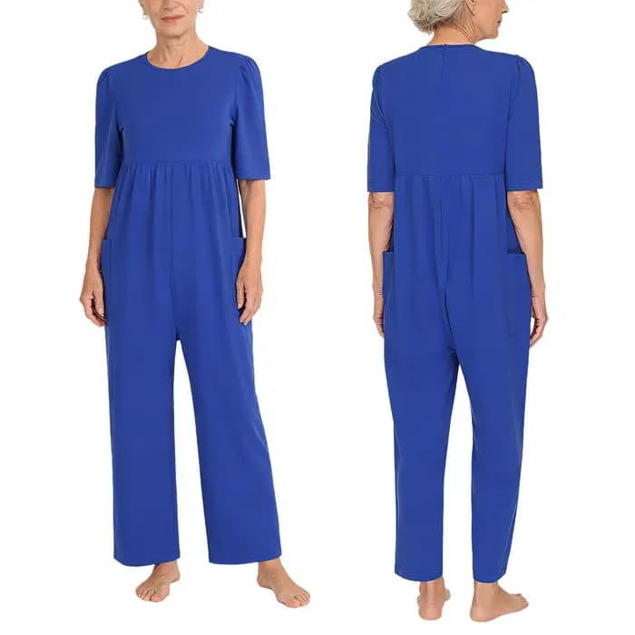 Combinaison adaptative pour femme adulte âgée à besoins spéciaux, manches courtes, poches latérales,