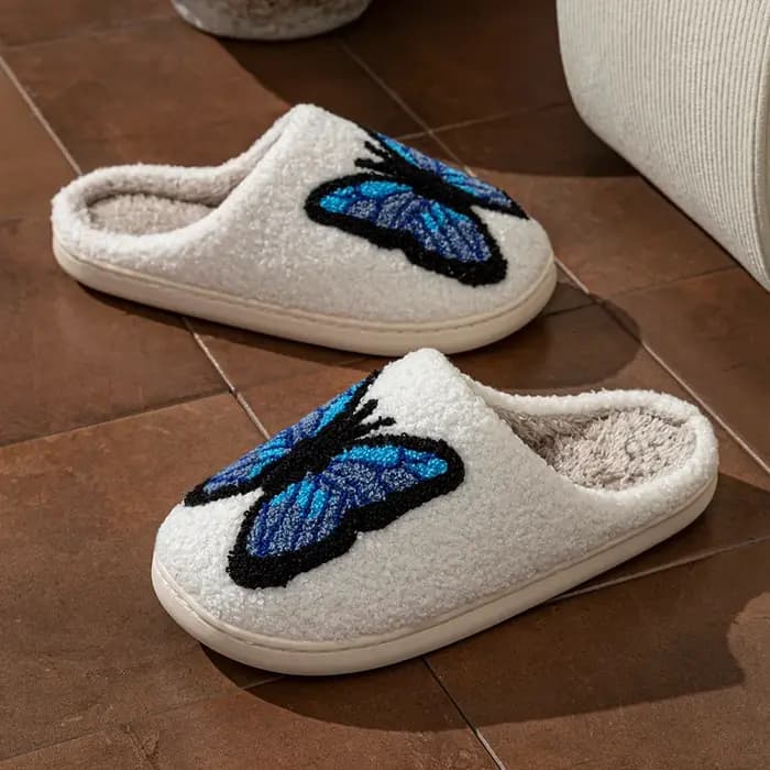 Chaussons pour femmes mignon bleu papillon broderie intérieur doux respirant confortable Couple mode hiver maison chaussures chaud