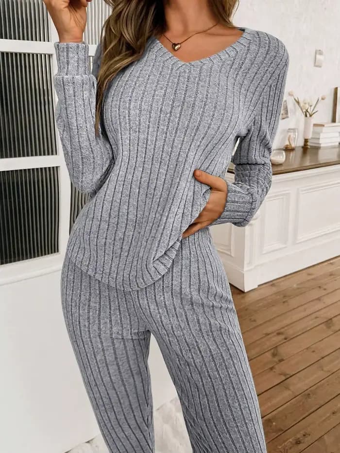 Ensemble pyjama côtelé 2 pièces pour femme - Haut à manches longues et col en V et pantalon de jogging