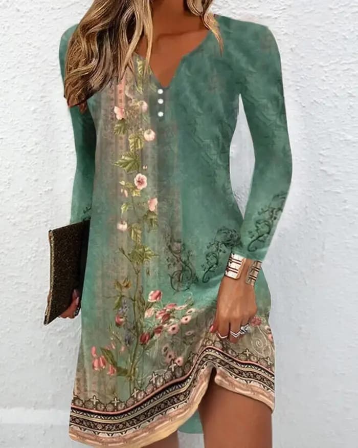Robe tunique à imprimé floral à manches longues et col en V avec détail boutonné