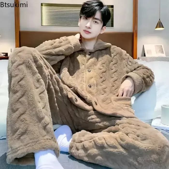Offre Spéciale – Ensembles de Pyjama Homme Automne-Hiver en Velours Corail Épais et Chaud – Tenue de Nuit Ample et Confortable en Flanelle – Vêtements d'Intérieur Masculins