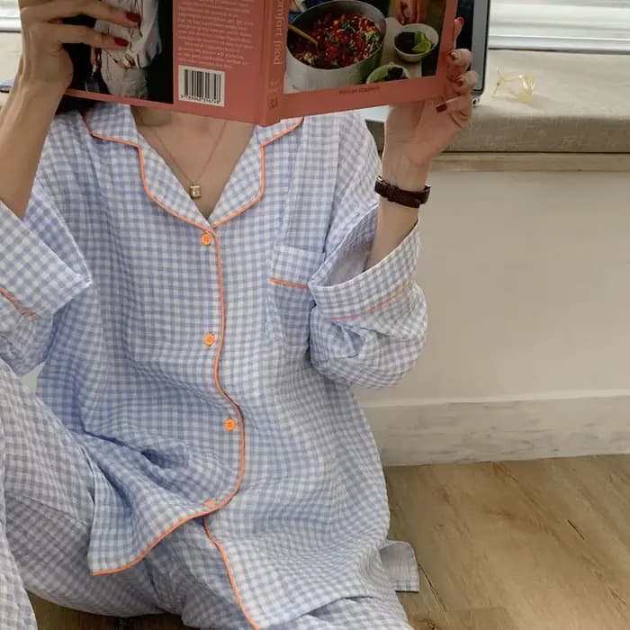 Pyjamas en coton pour femmes vêtements de nuit coréens femme 2 pièces ensemble Pijama Plaid