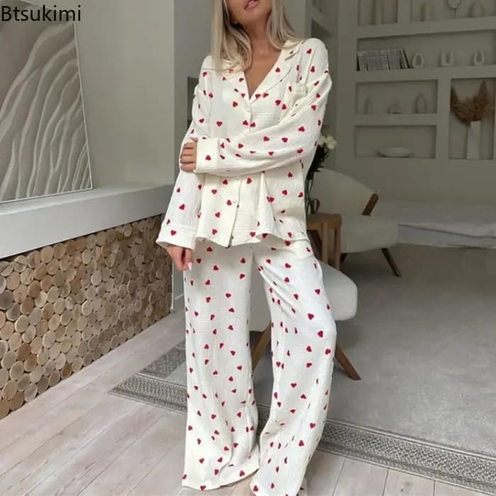 Nouveau 2026 amour coeur imprimé pyjama 100% coton à manches longues ensemble 2 pièces tenue revers vêtements de nuit