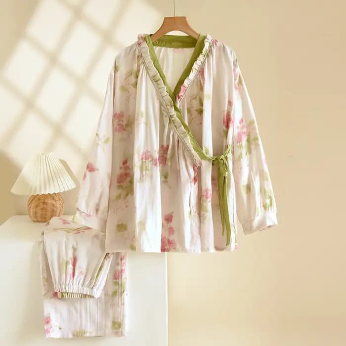 Pyjama chinois style kimono pour femme, collection printemps-automne 2025 – Nouveau cardigan ample à manches longues en pur coton pour la maison