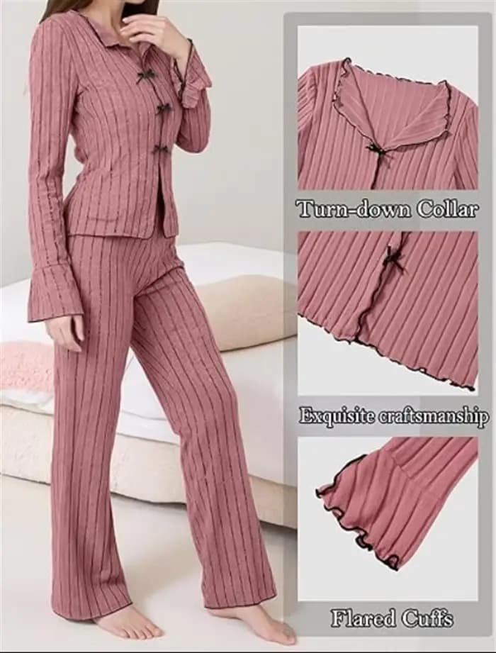 Ensemble de pyjama en tricot côtelé à manches longues pour femmes