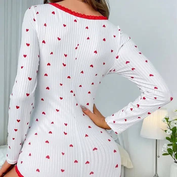 Nouvelle combinaison de pyjama une pièce pour femme de style américain avec imprimé cœur à manches longues, vêtements de détente, combinaison de nuit une pièce pour femme