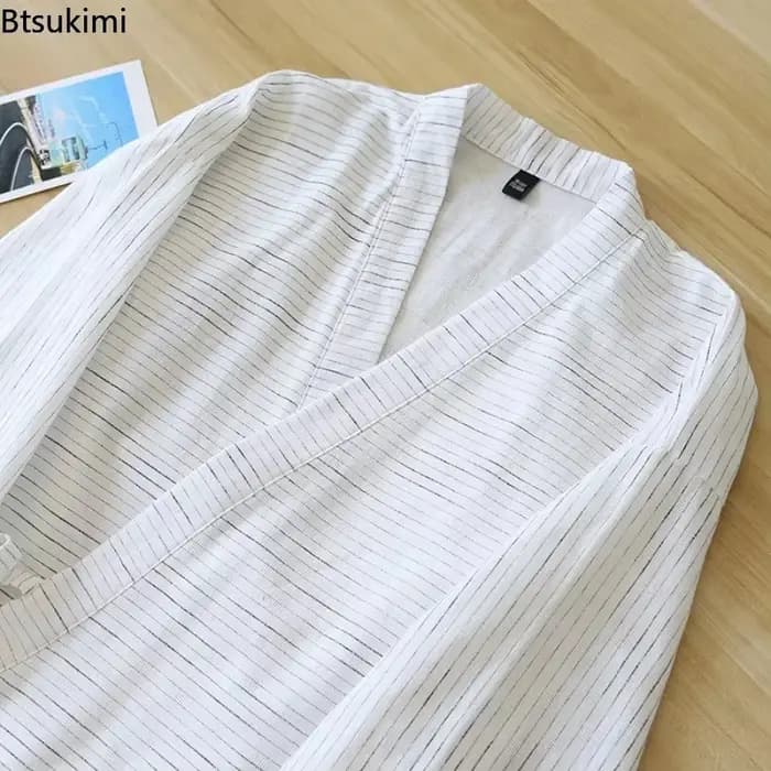 Pyjama Kimono Homme Manches Longues Pantalon Japonais Nouvelle Collection Été Ample Simple Coton Rayé Ensemble de Nuit Respirant