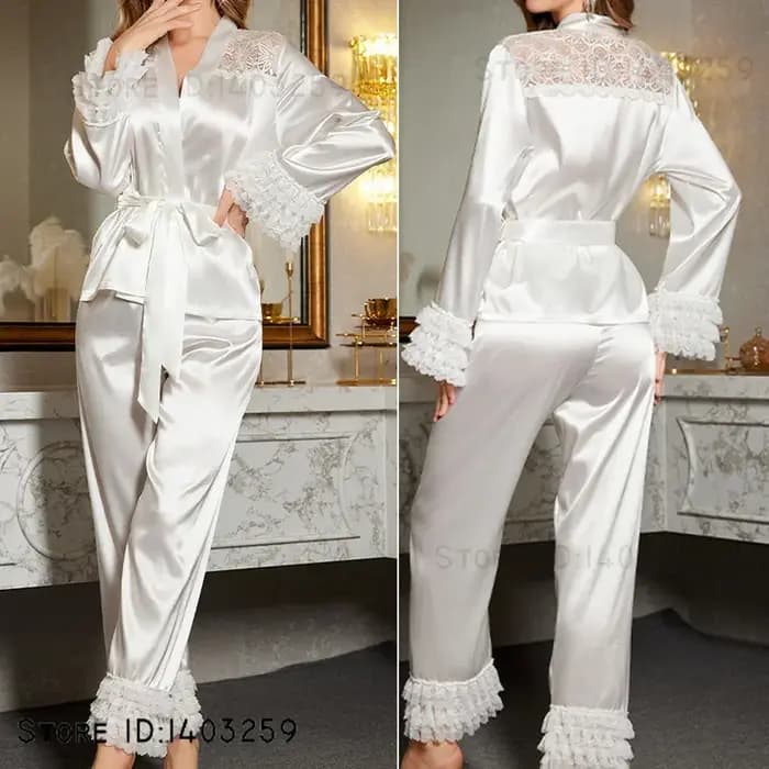 Ensemble pyjama de mariée en soie glacée blanche, vêtements de nuit, Sexy, Patchwork, dentelle, vêtements de détente, Cardigan à manches longues, pantalon, costume, vêtements de maison