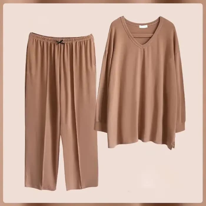 Pyjama deux pièces monochrome à manches longues et col en V pour femme, vêtements de détente décontr
