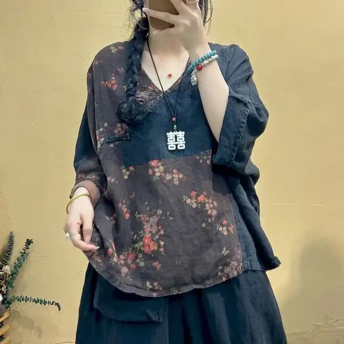 Coton lin t-shirts femmes mode imprimé contrasté à lacets chemise artistique irrégulière Vintage sur
