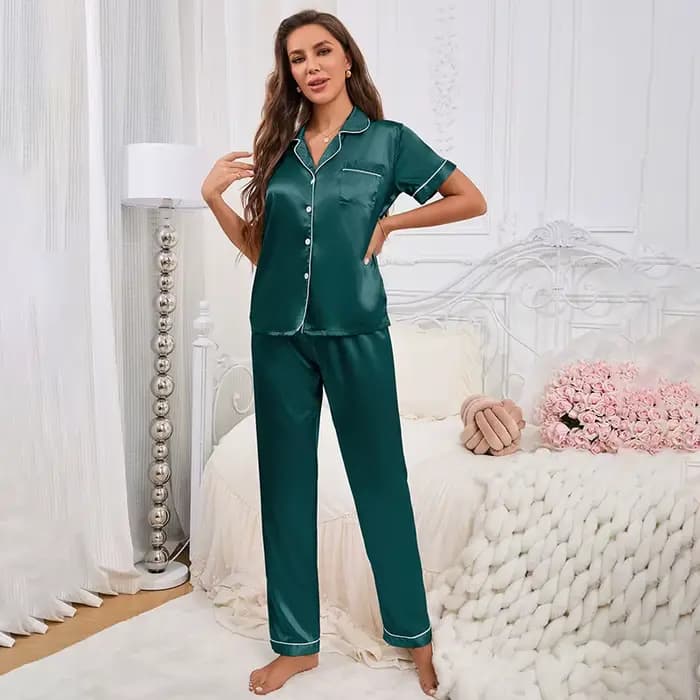 Ensemble de pyjamas en satin pour femmes, vêtements de nuit et vêtements de détente, manches courtes, bouton, pantalon en Y, doux, confortable, vêtements pour la maison, automne, 2 pièces