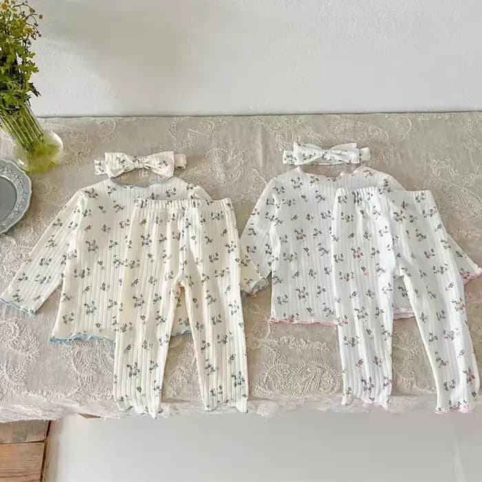 Nouveauté bébé filles imprimé fleuri coton pyjama ensemble à manches longues dentelle garniture deux pièces vêtements