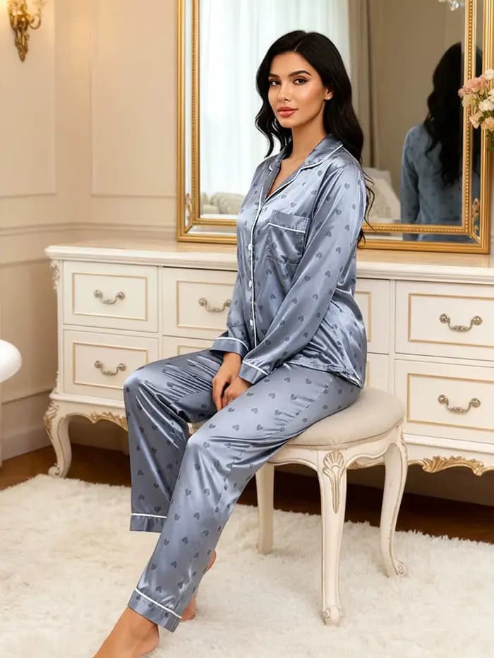Femmes Pyjamas Satin-like coeur imprimé à manches longues et pantalons pyjama ensemble revers cou vêtements de nuit Pyjamas pour femmes Pijamas pantalons ensembles