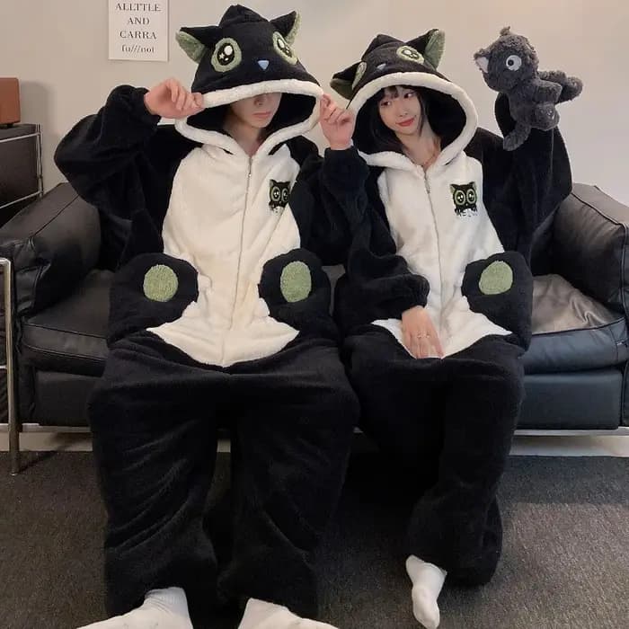 Kigurumi adultes Couples pyjamas Kawaii chat Onesie épais à capuche vêtements de nuit femme hommes une pièce Homewear