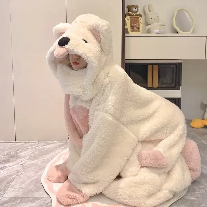 Pyjama en molleton de corail épais pour femmes, vêtements d'hiver pour la maison, mignon dessin anim