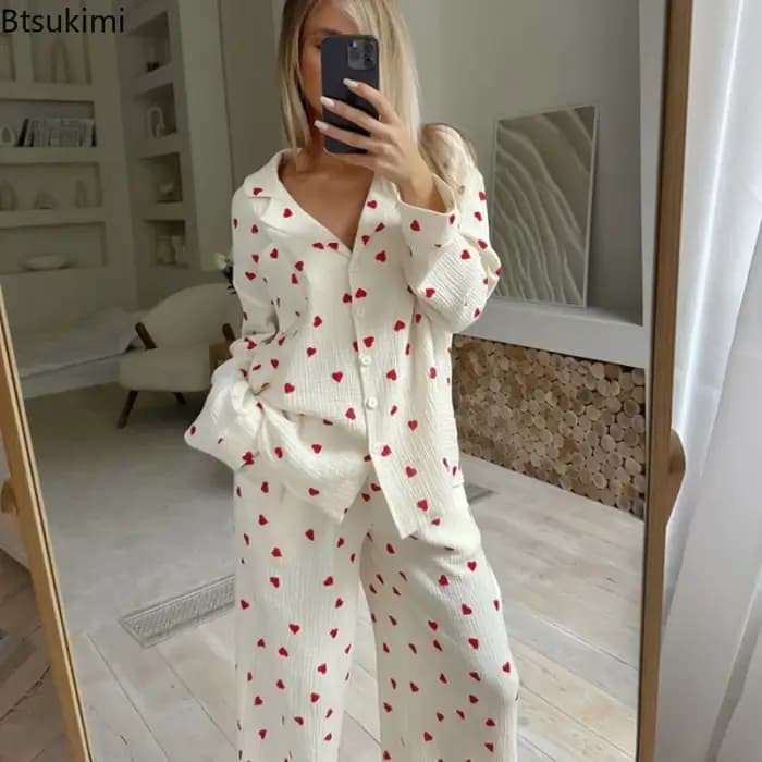 Nouveau 2026 amour coeur imprimé pyjama 100% coton à manches longues ensemble 2 pièces tenue revers vêtements de nuit