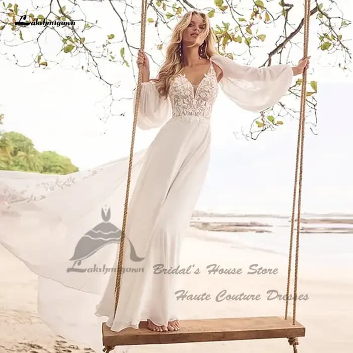Yanshmigown-Robe de Mariée Élégante en Dentelle à Manches sulf, Style Boho, pour Patients, Plage, Éd