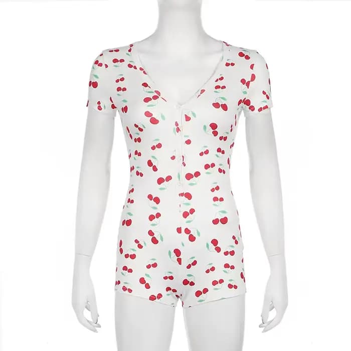 Pyjama femme Onesies bouton avant imprimé cerise col en v manches courtes barboteuse combinaison chemise de nuit