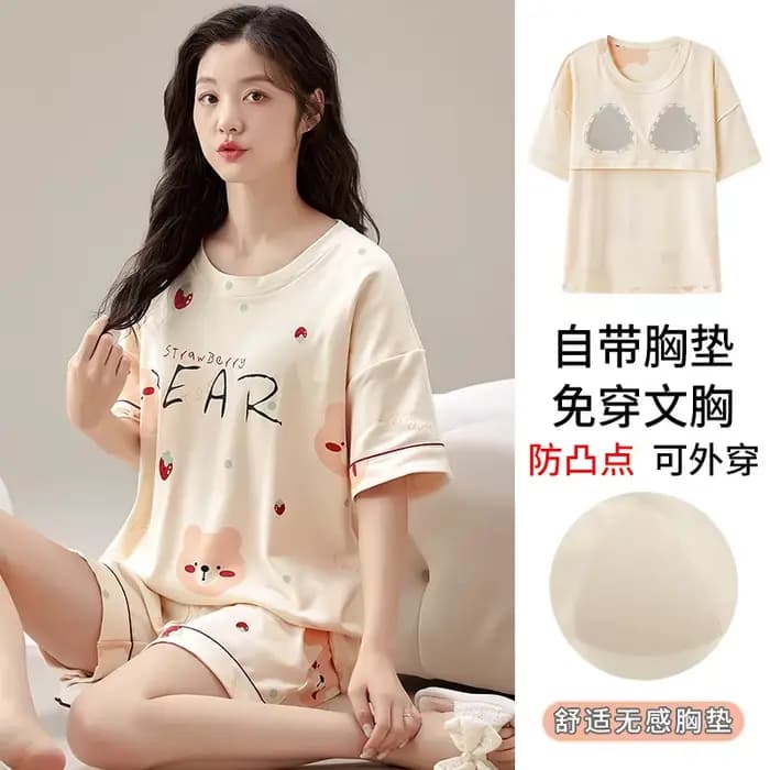 Pyjama d'été 100% coton pour femmes avec soutien-gorge rembourré