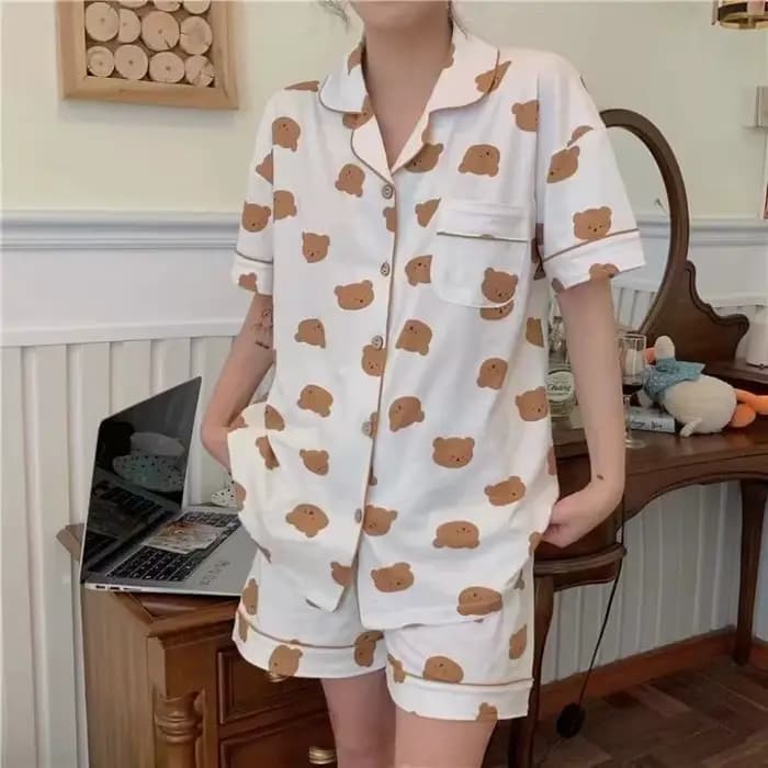 Pyjamas femmes dessin animé ours mignon haute valeur à manches courtes vêtements de détente costume Cardigan rayé