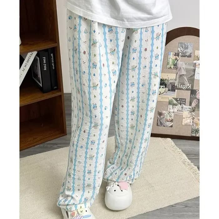 Pantalon de pyjama pour femmes, pantalon de chiot de dessin animé, pantalon de salon fin, grande taille, rayé, rose, décontracté, ample, taille haute, pantalon de couchage