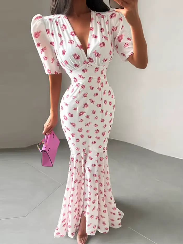 Robe Chic Imprimée à Manches Courtes Col V Taille Cintrée Coupe Ajustée Longue Tendance Été Vacances Femme Soirée 2026
