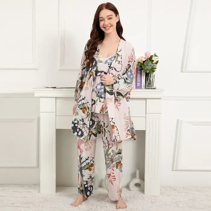 Ensemble pyjama 100% Viscose pour femmes, 3 pièces, vêtements de nuit amples pour la maison, imprimés, grande taille S-3XL