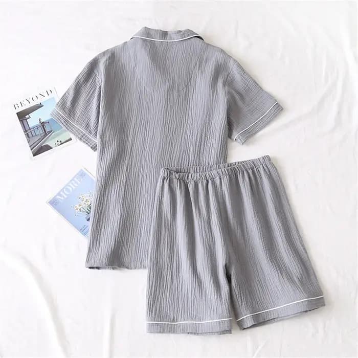 2025 nouveau été hommes pyjamas costume coton crêpe gaze couleur unie Simple à manches courtes chemise Shorts vêtements