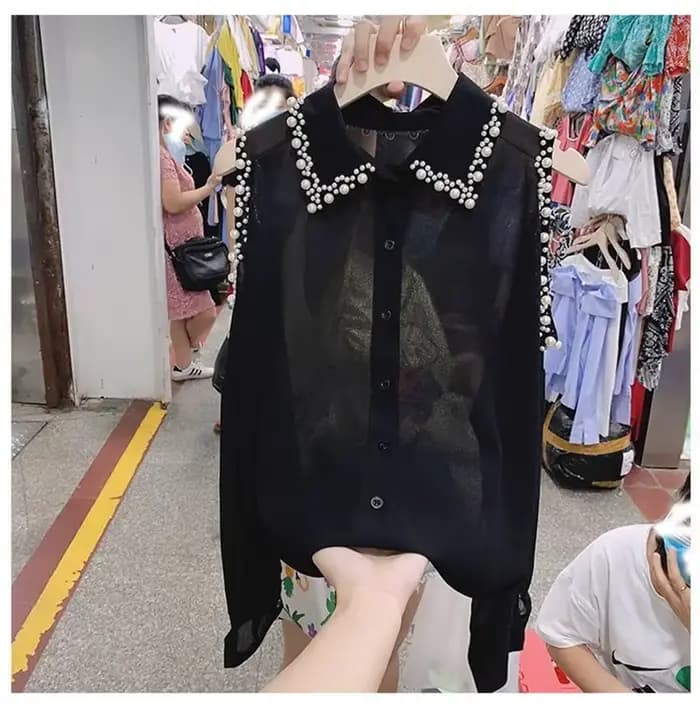Mode femmes vêtements mince perle hauts en mousseline de soie lâche épaules nues Blouse 2025 printemps été revers