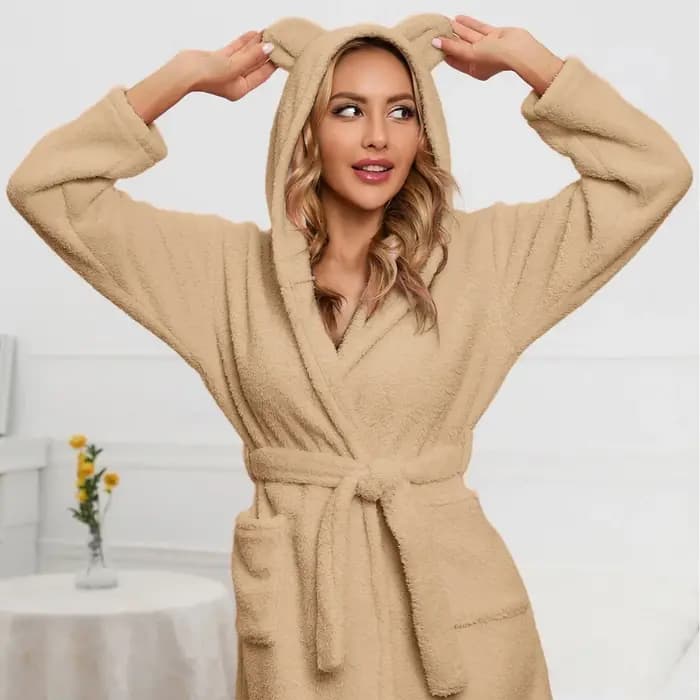 Nouvelle Robe de Chambre Décontractée Chaude Hiver 2026 pour Femme, Peignoir à Capuche avec Oreilles, Robe en Peluche Col V Manches Longues, Kimono Châle, Manteau de Bain Chaud