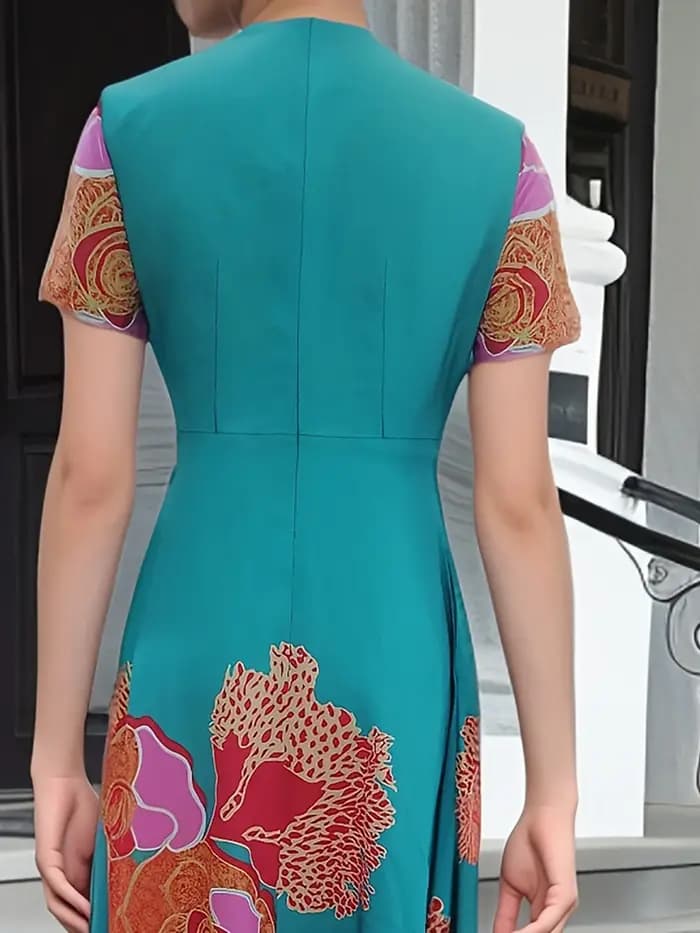 Robe florale à manches courtes et col en V, conçue spécifiquement pour les femmes, parfaite pour les vêtements de printemps et d'été